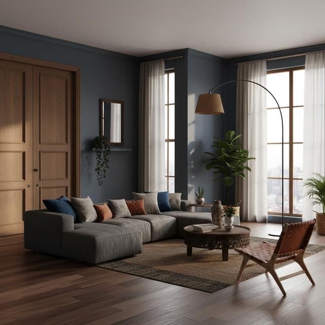 Фотореалистичный дизайн современной гостиной, созданный с помощью ИИ визуализации