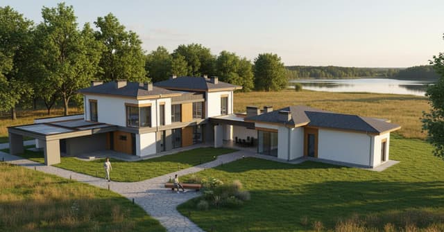 Фотореалистичный 3D рендер современного дома, созданный с помощью ИИ Vizoria