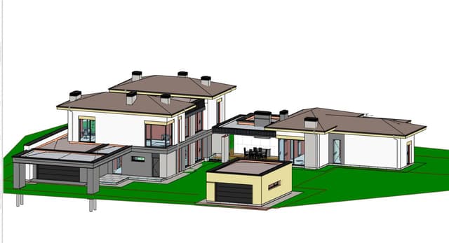 Ручной архитектурный скетч частного дома с двором - пример для ИИ визуализации