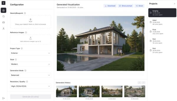 Скриншот интерфейса Vizoria для архитектурной визуализации экстерьера - профессиональный инструмент для архитекторов