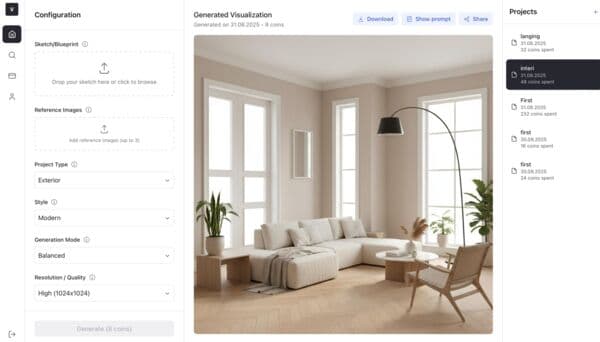 Скриншот интерфейса Vizoria для создания дизайна интерьера - простой и понятный для дизайнеров